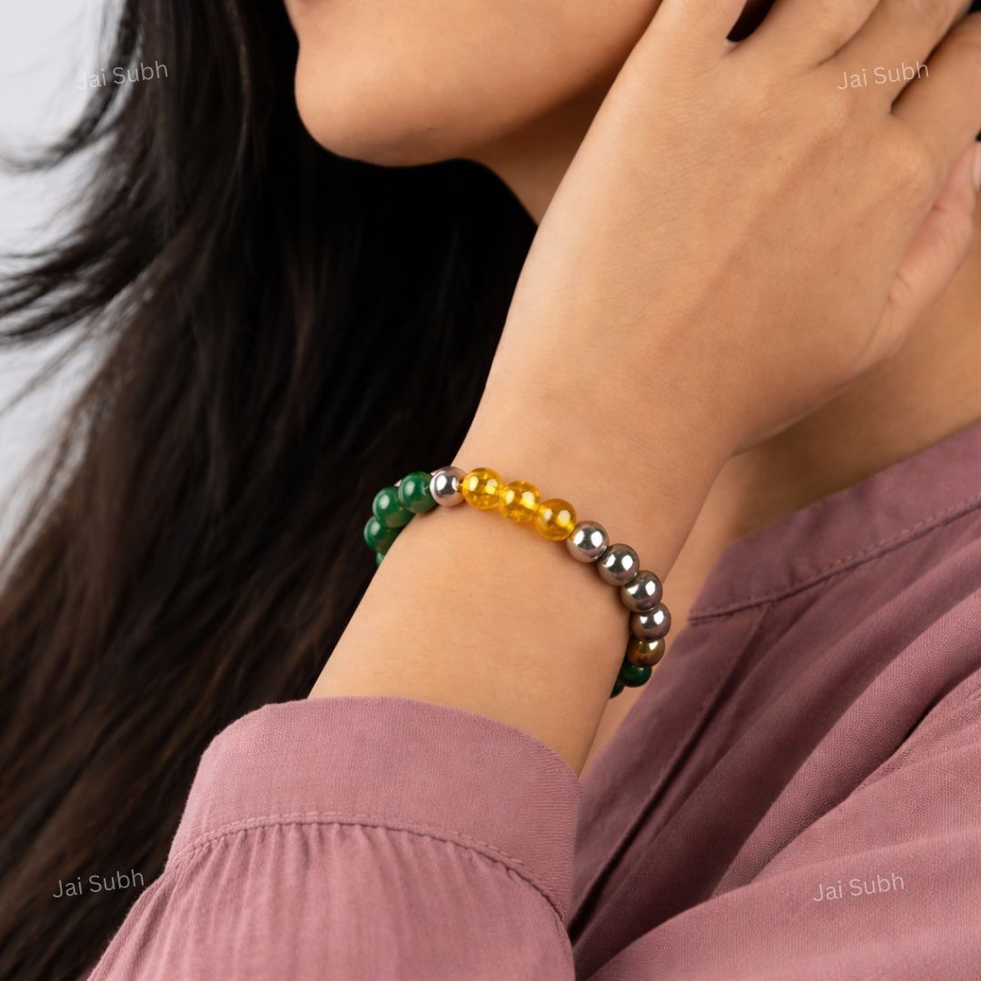 woman wearing Dhan Yog bracelet