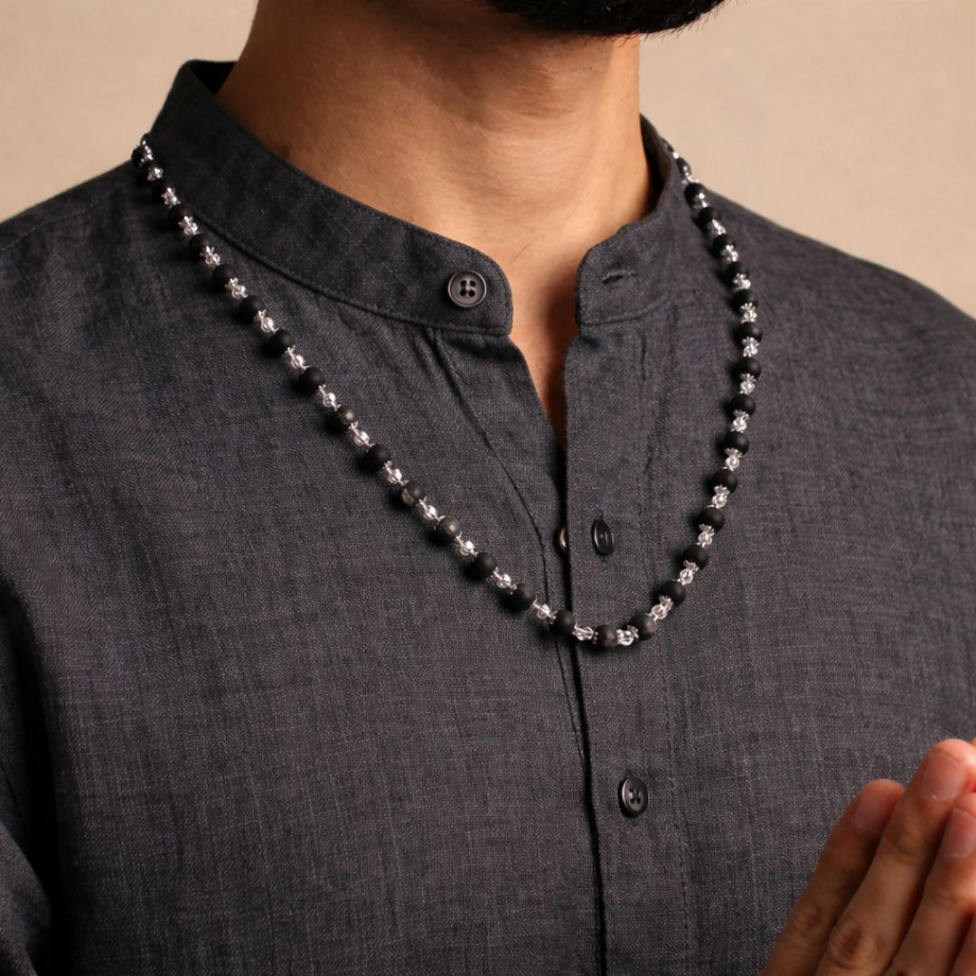 Mens Wearing Karungali Silver Cap Mala